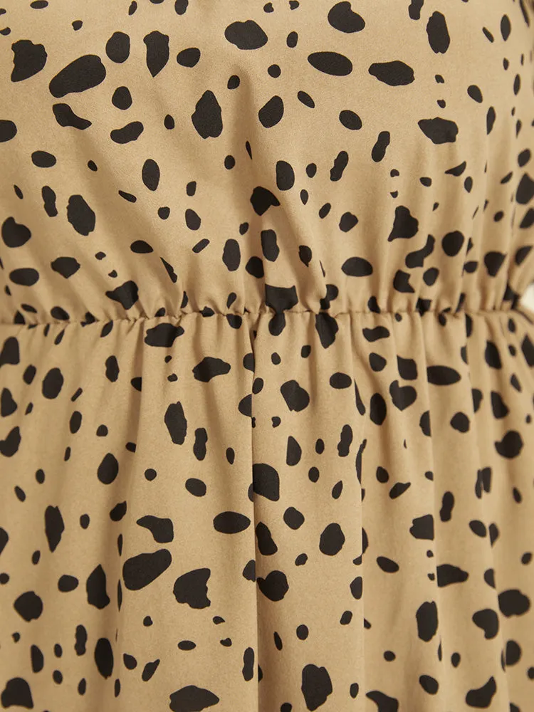 Leopard Print Patchwork Elastic Waist Pocket Dress