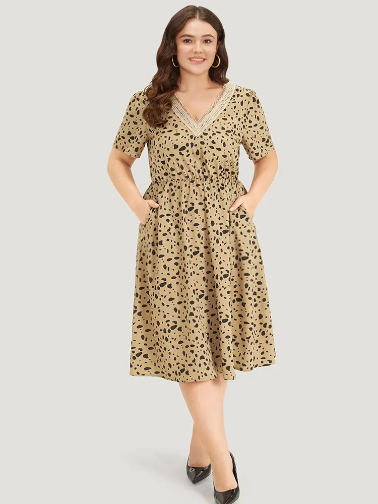 Leopard Print Patchwork Elastic Waist Pocket Dress
