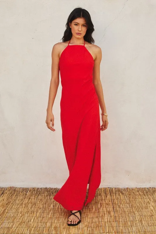 Leticia Sleeveless Halter Tie Maxi Dress Red