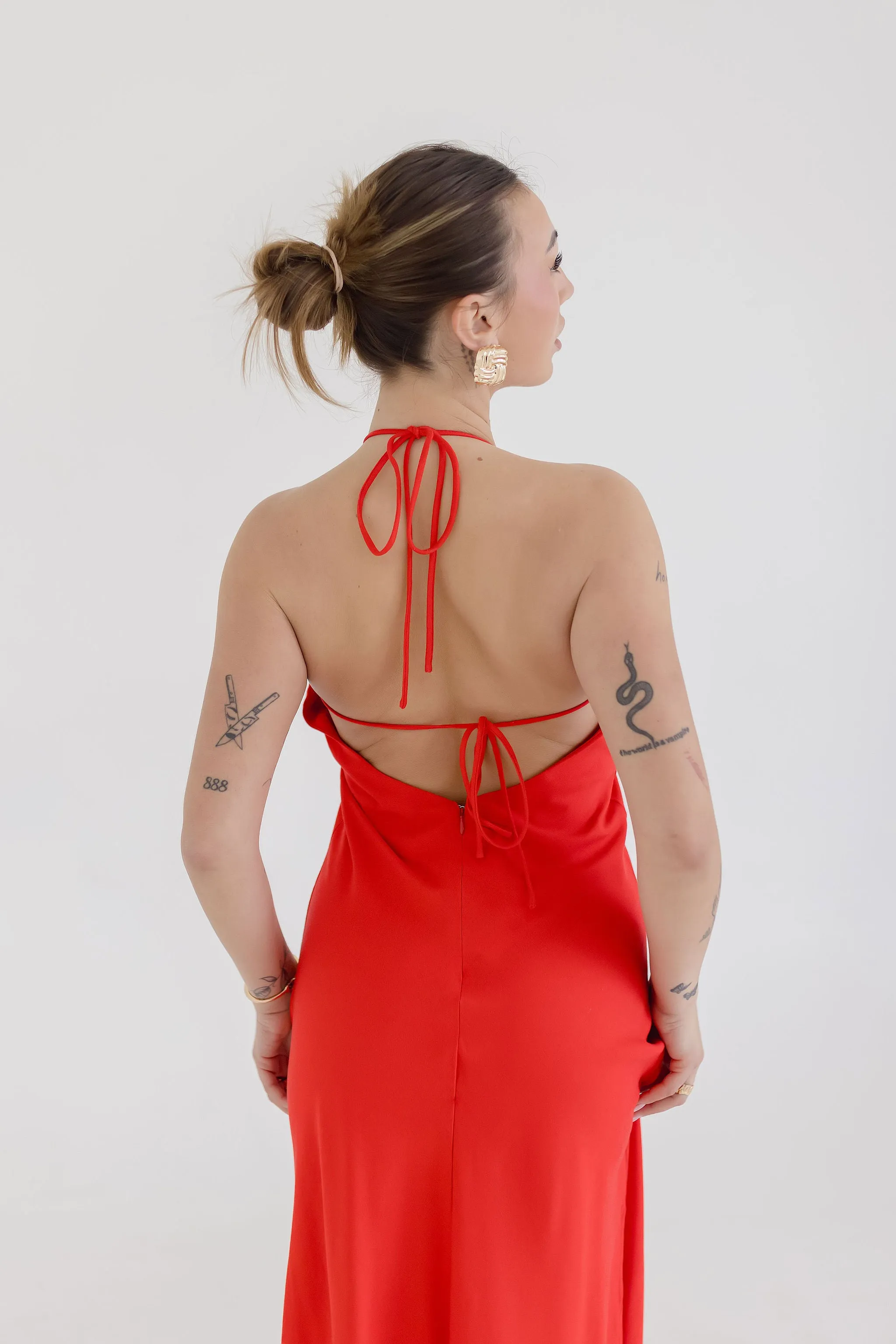 Leticia Sleeveless Halter Tie Maxi Dress Red