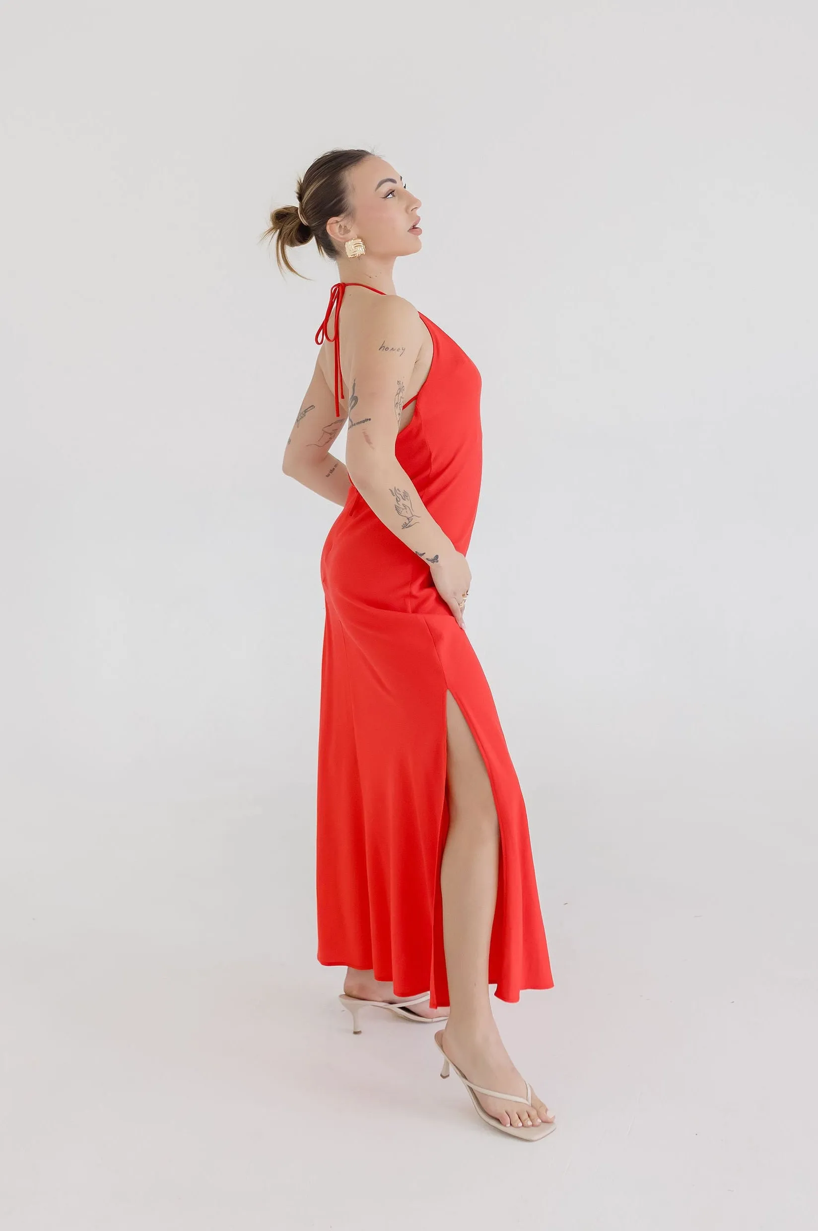 Leticia Sleeveless Halter Tie Maxi Dress Red