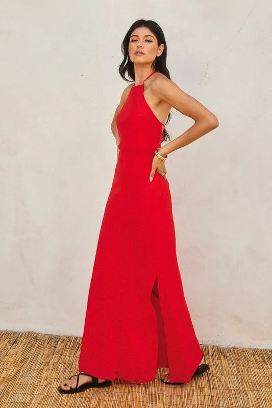 Leticia Sleeveless Halter Tie Maxi Dress Red