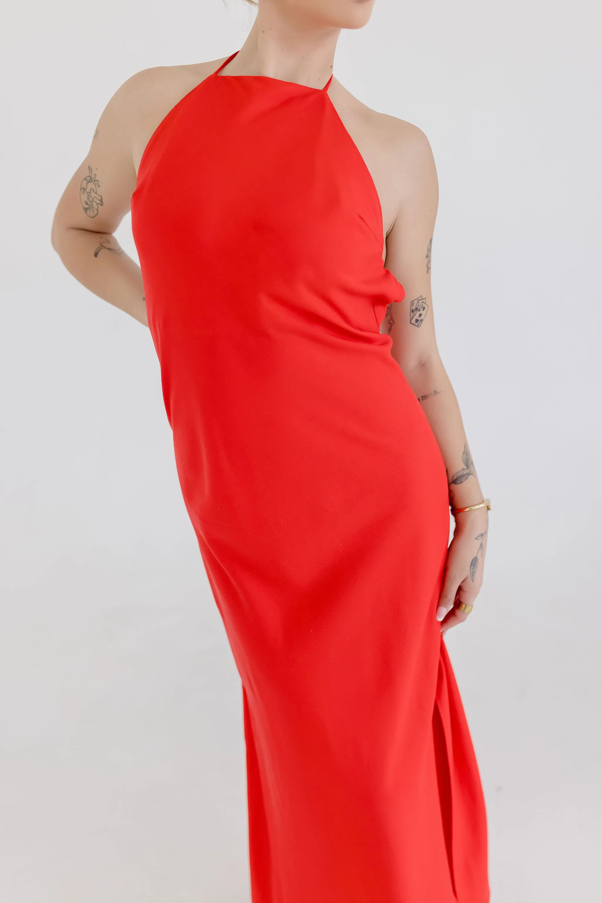 Leticia Sleeveless Halter Tie Maxi Dress Red