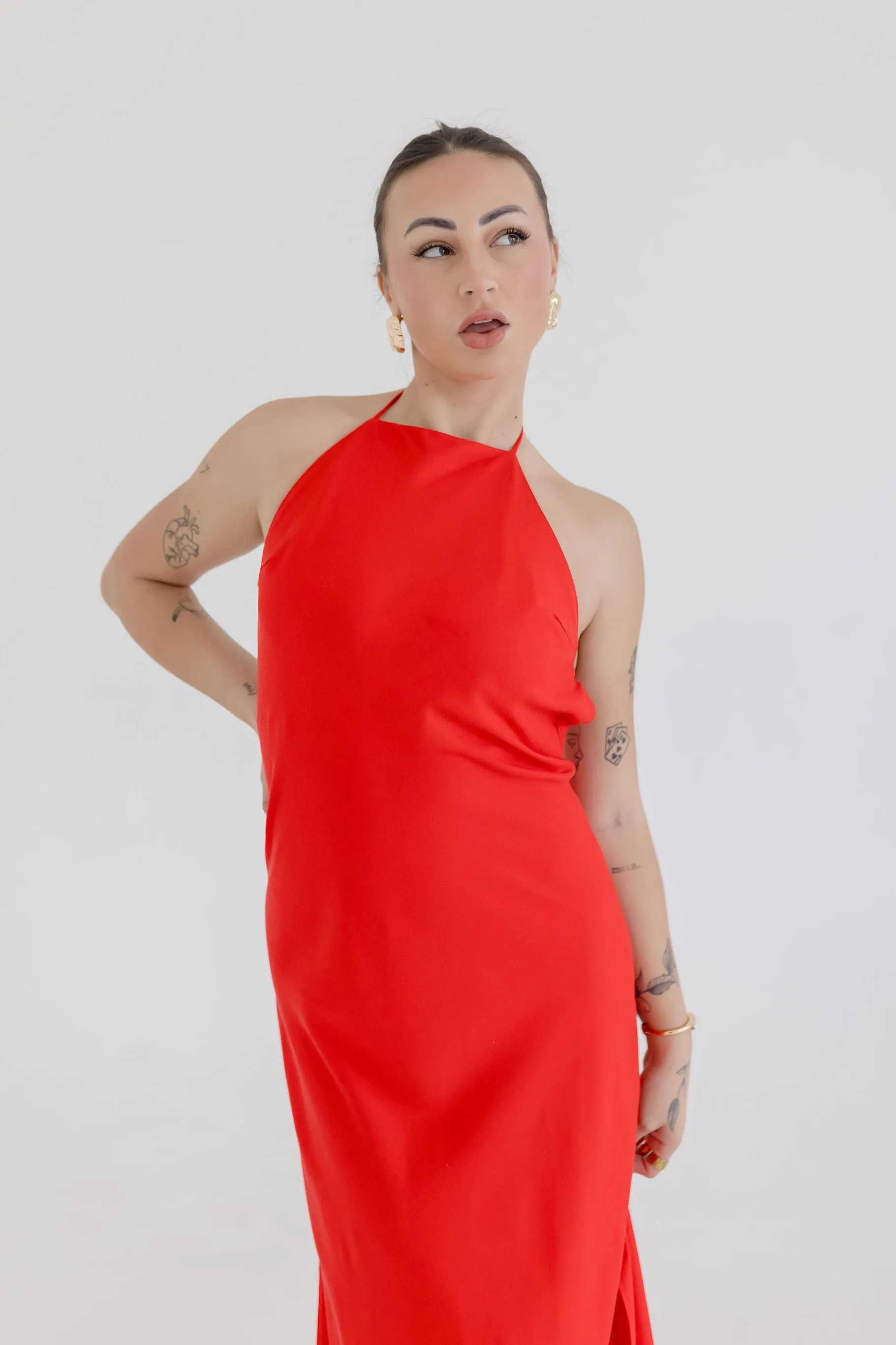 Leticia Sleeveless Halter Tie Maxi Dress Red