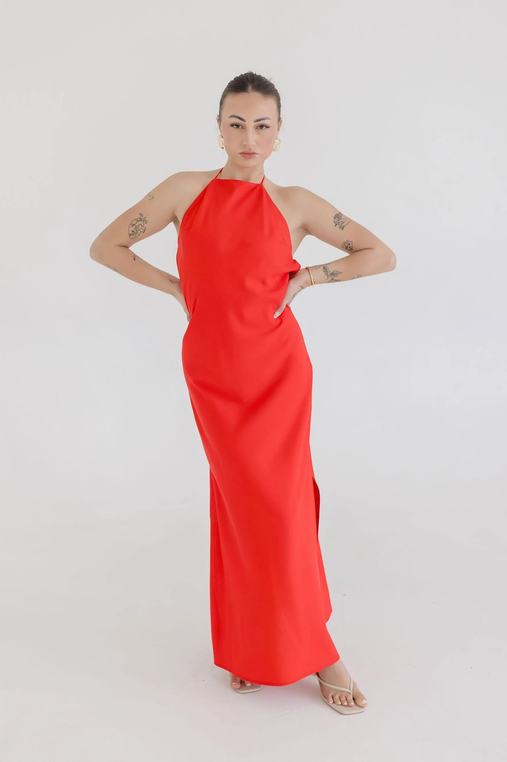 Leticia Sleeveless Halter Tie Maxi Dress Red