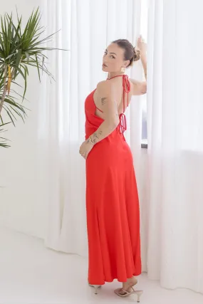 Leticia Sleeveless Halter Tie Maxi Dress Red