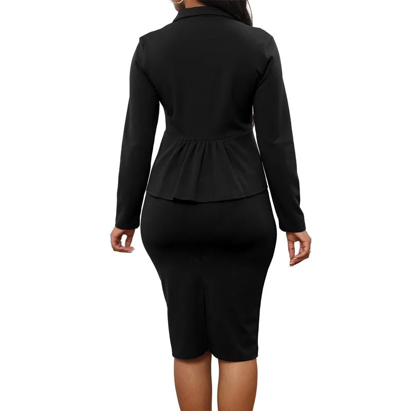 Long-Sleeves Button Crop Blazer & Skirt Suits