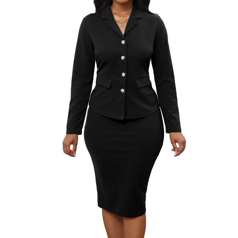 Long-Sleeves Button Crop Blazer & Skirt Suits