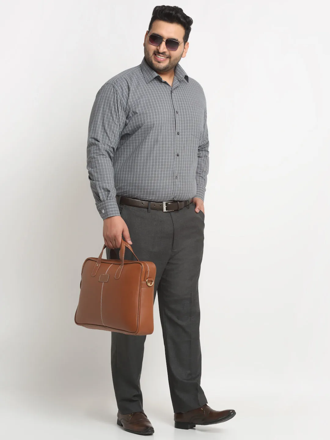 Men Charcoal Mid-Rise Cotton Formal Trousers