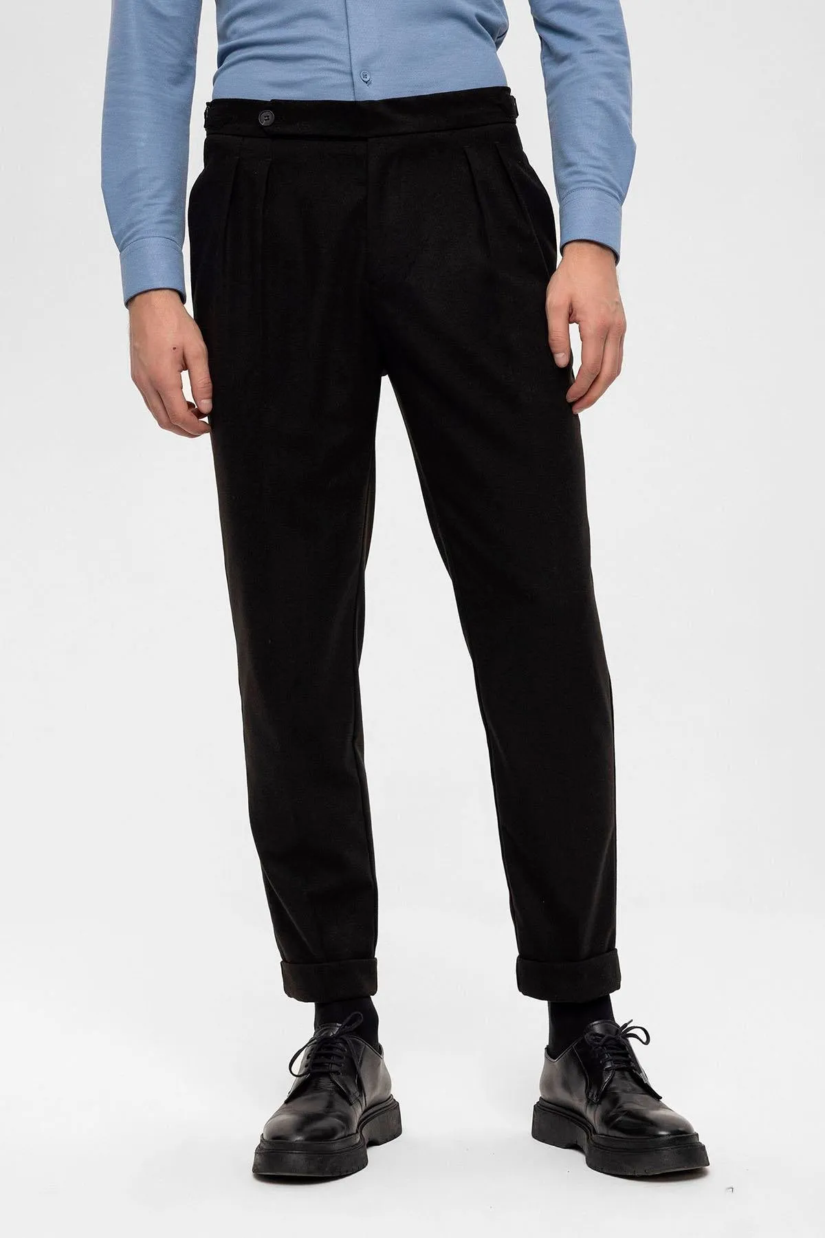 Men's Black High Waist Double Pleated  Trousers - Wessi