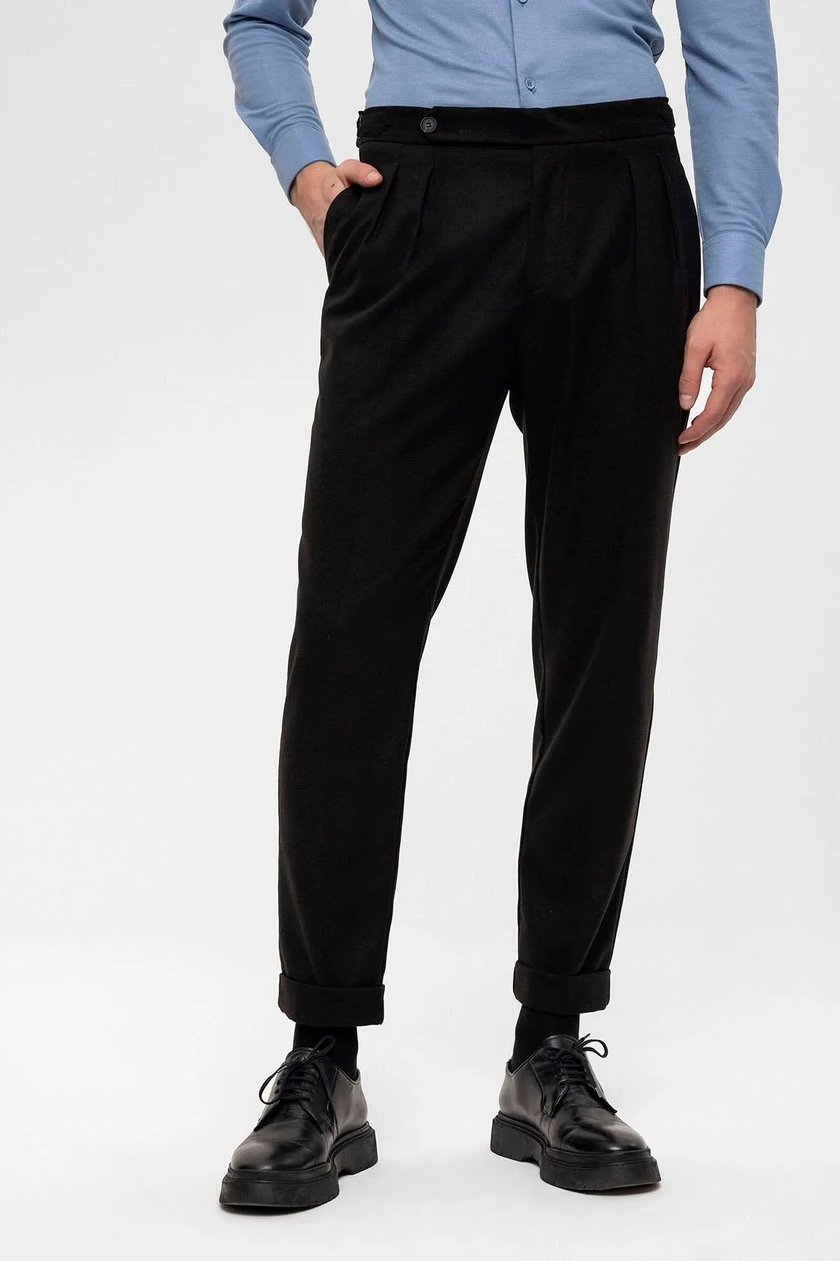 Men's Black High Waist Double Pleated  Trousers - Wessi