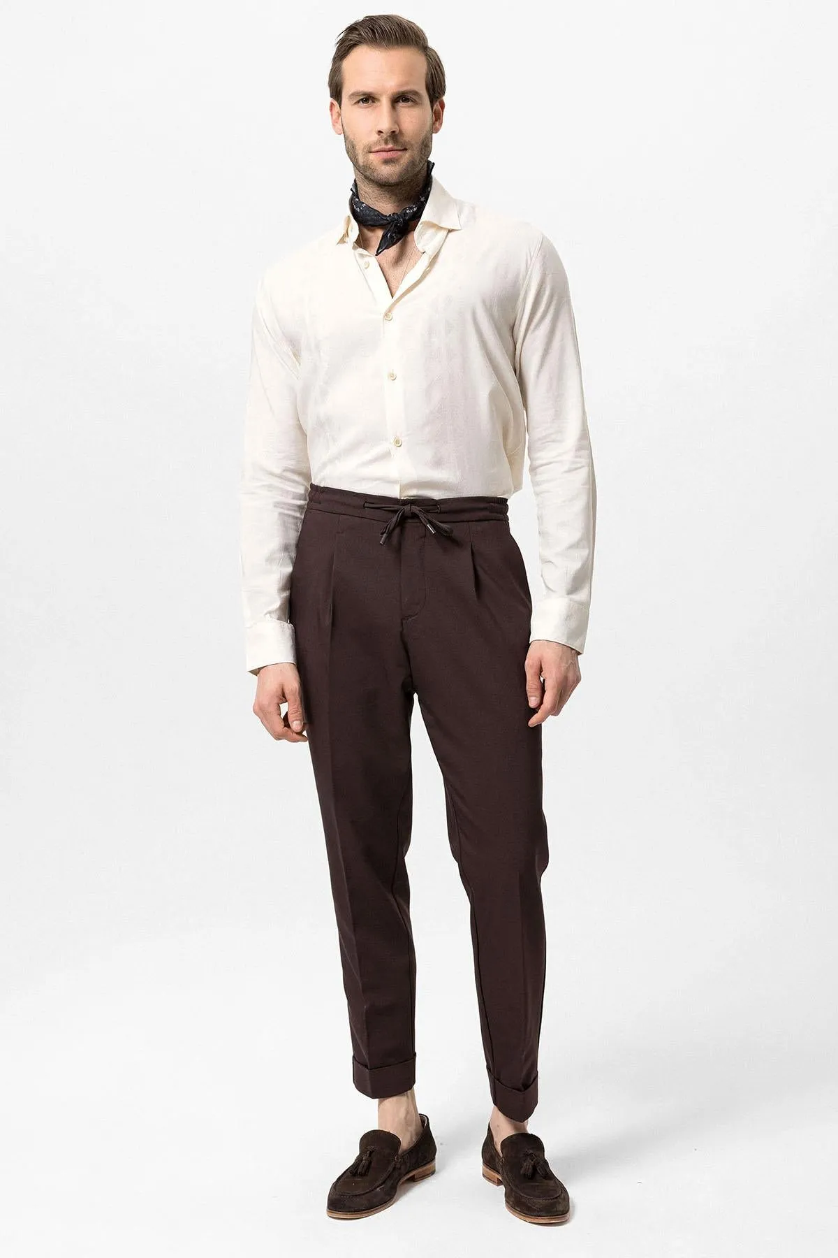 Men's Brown Elastic Waist Pleated  Trousers - Wessi