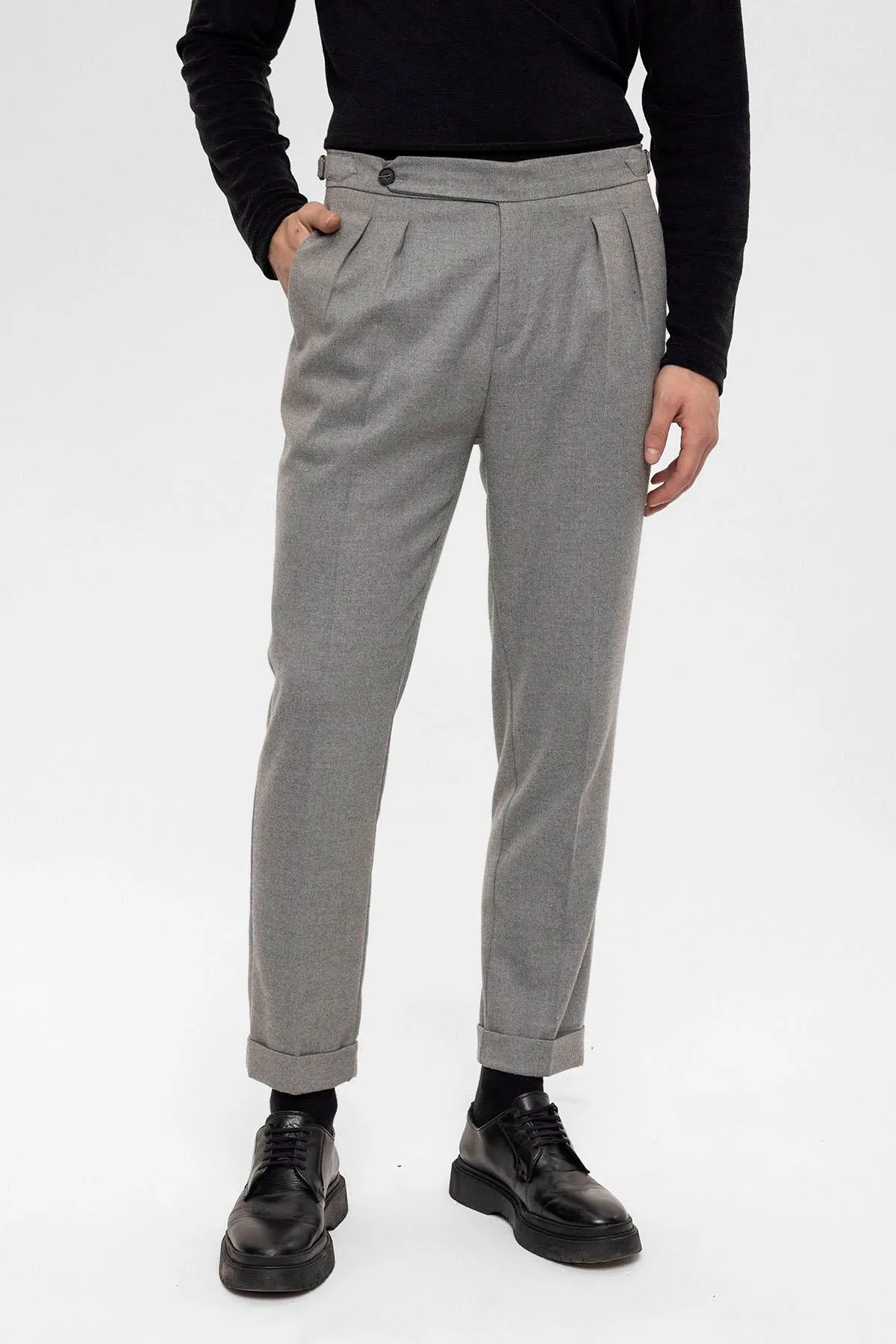 Men's Grey High Waist Double Pleated  Trousers - Wessi