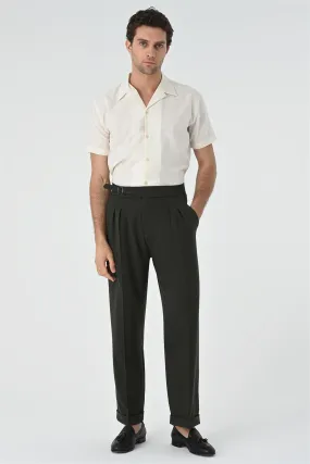 Men's Khaki Buckle Detailed Pleated High Waist  Trousers - Wessi