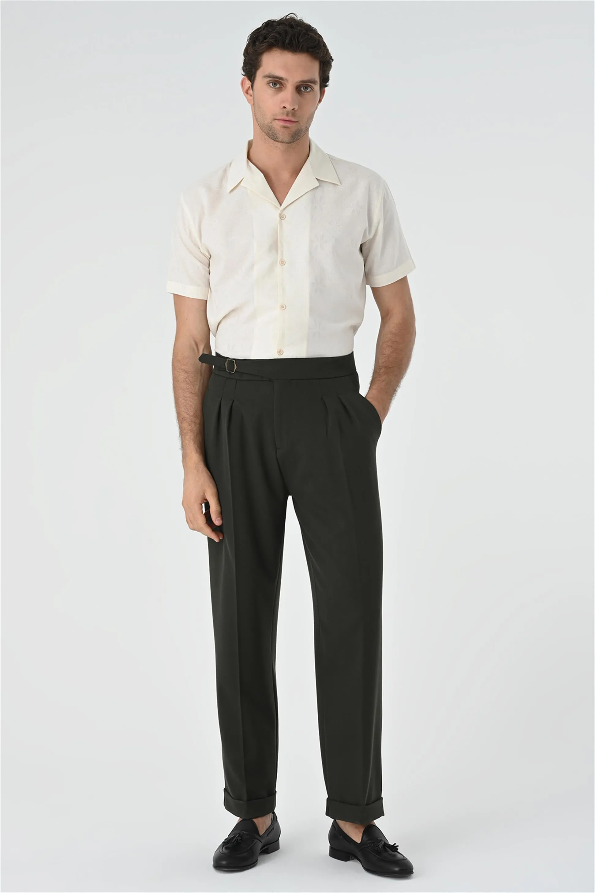 Men's Khaki Buckle Detailed Pleated High Waist  Trousers - Wessi