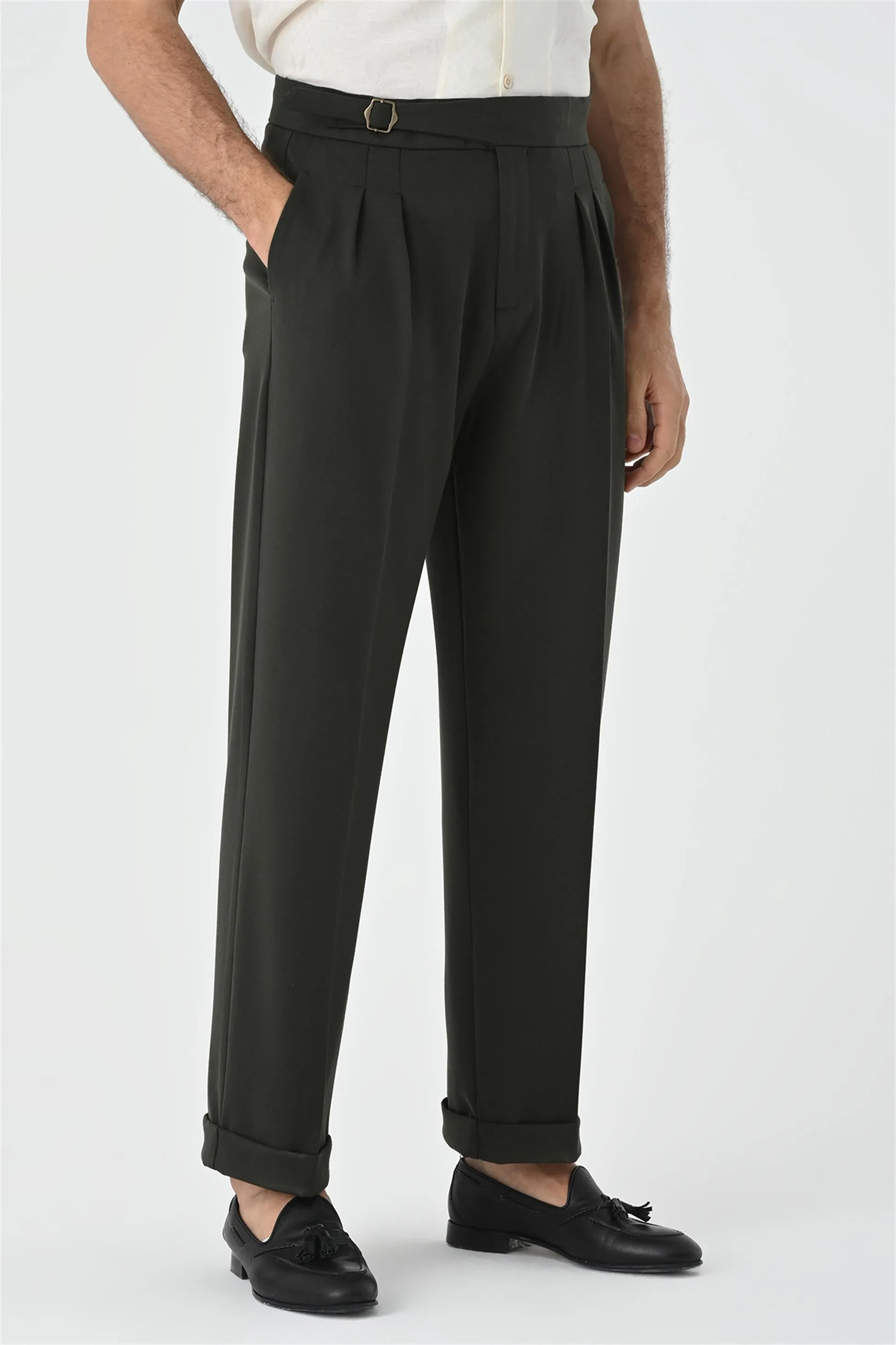 Men's Khaki Buckle Detailed Pleated High Waist  Trousers - Wessi