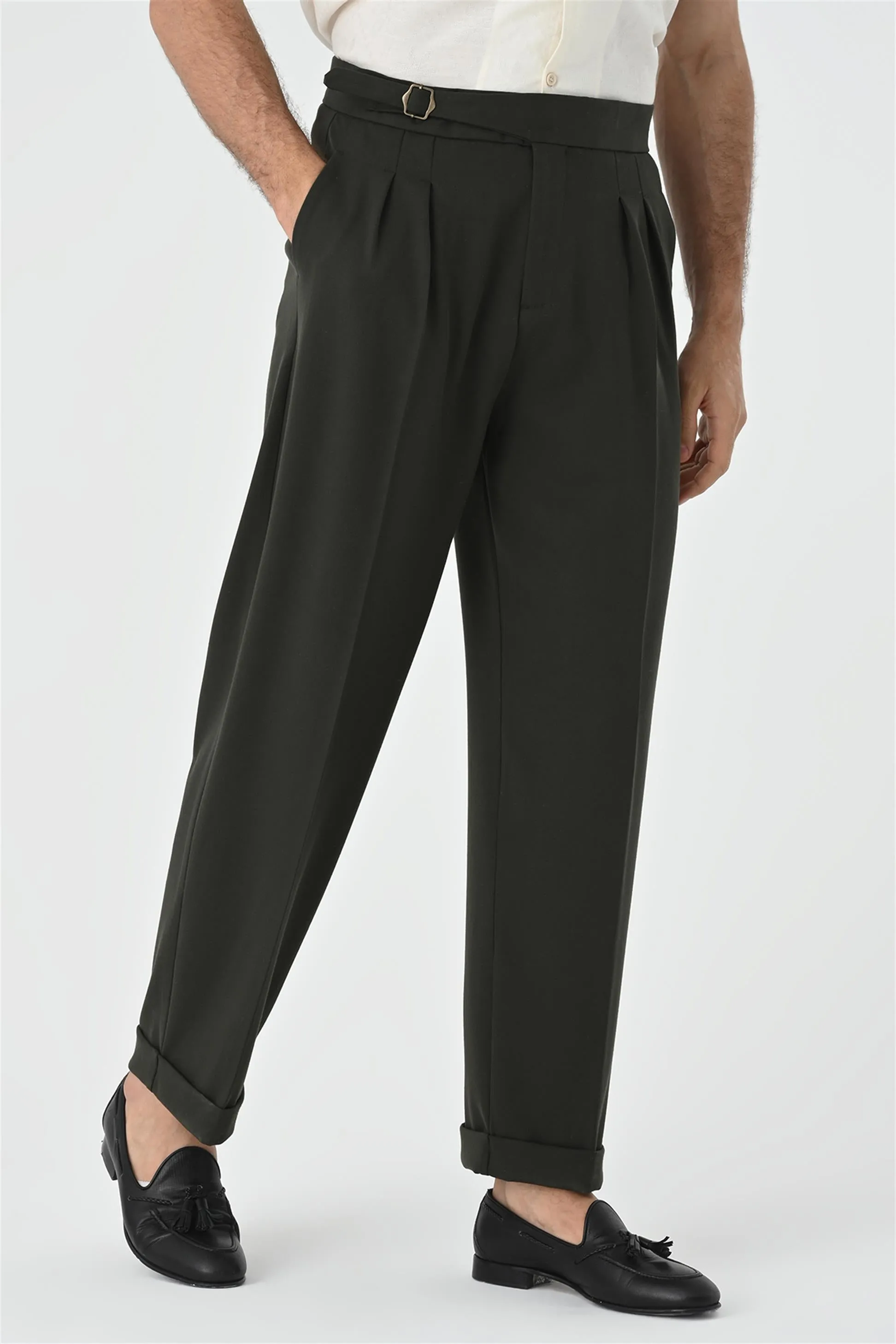 Men's Khaki Buckle Detailed Pleated High Waist  Trousers - Wessi