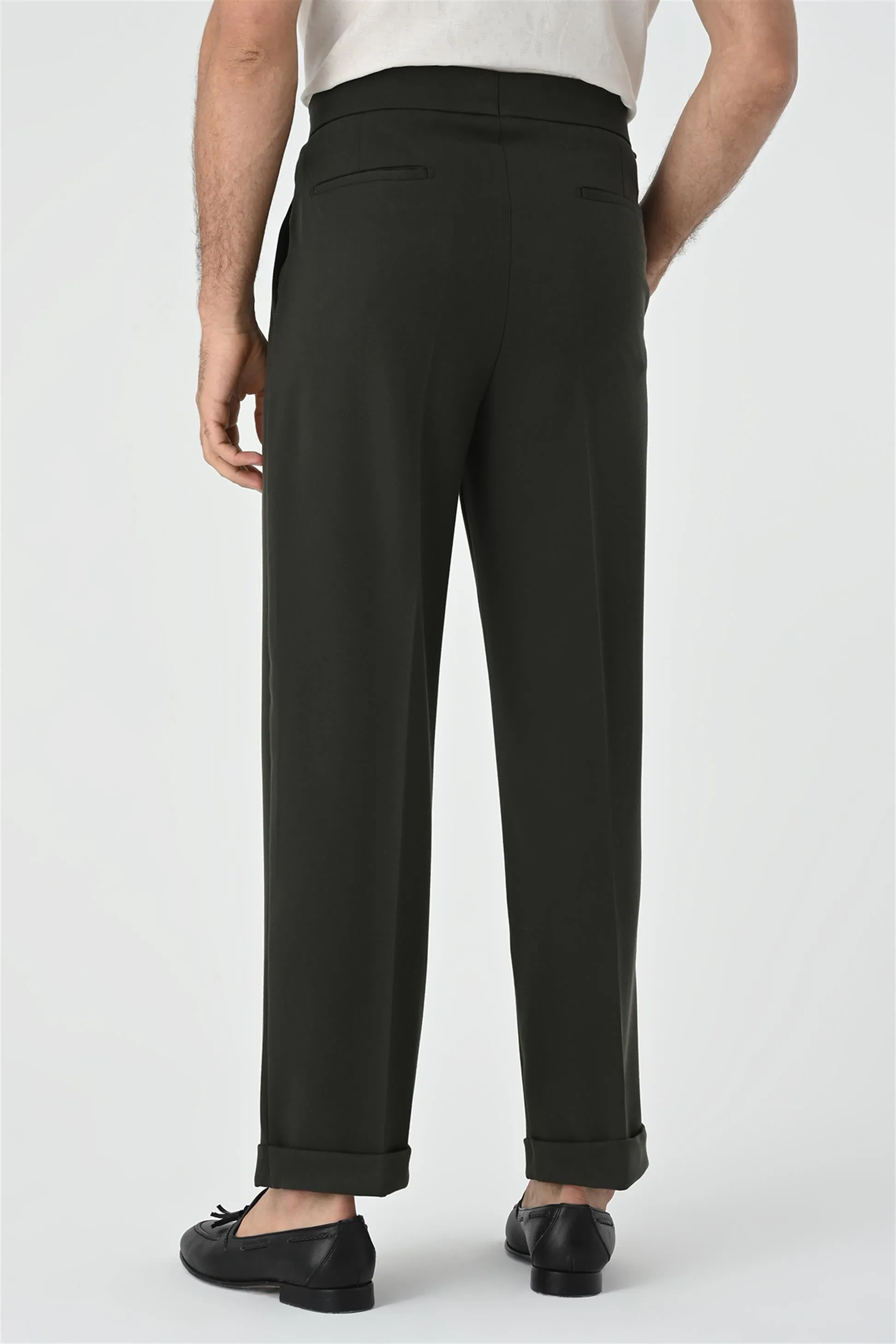 Men's Khaki Buckle Detailed Pleated High Waist  Trousers - Wessi