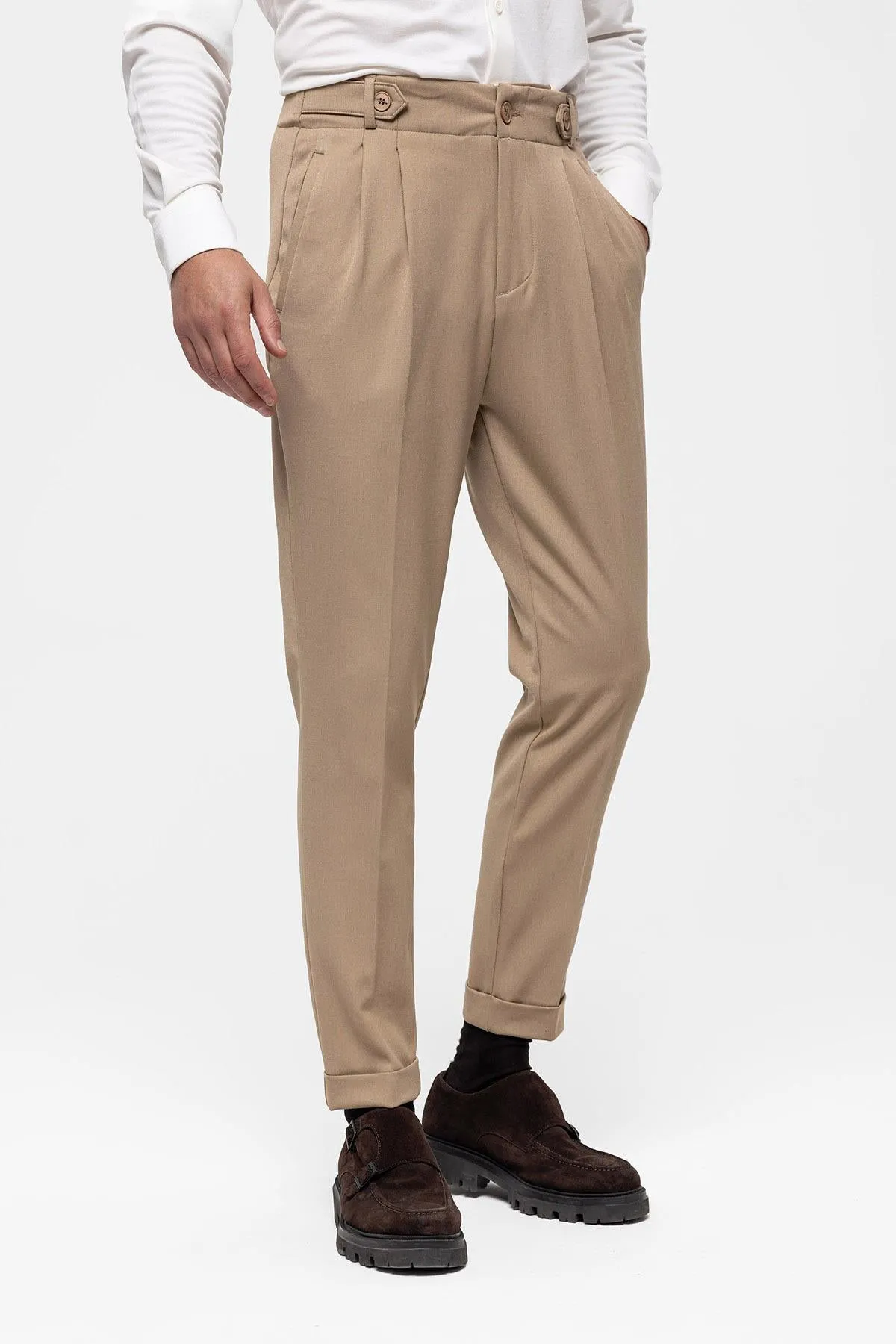 Men's Mink High Waist (Boyfriend) Pleated Fabric Trousers - Wessi