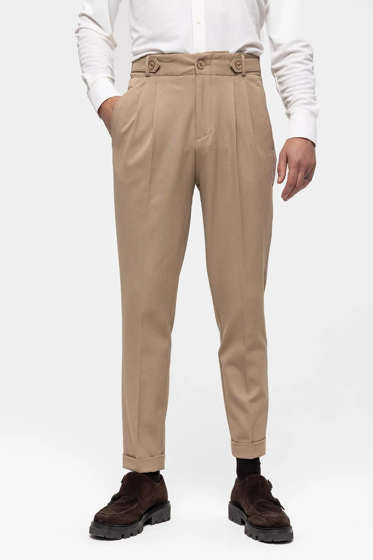 Men's Mink High Waist (Boyfriend) Pleated Fabric Trousers - Wessi