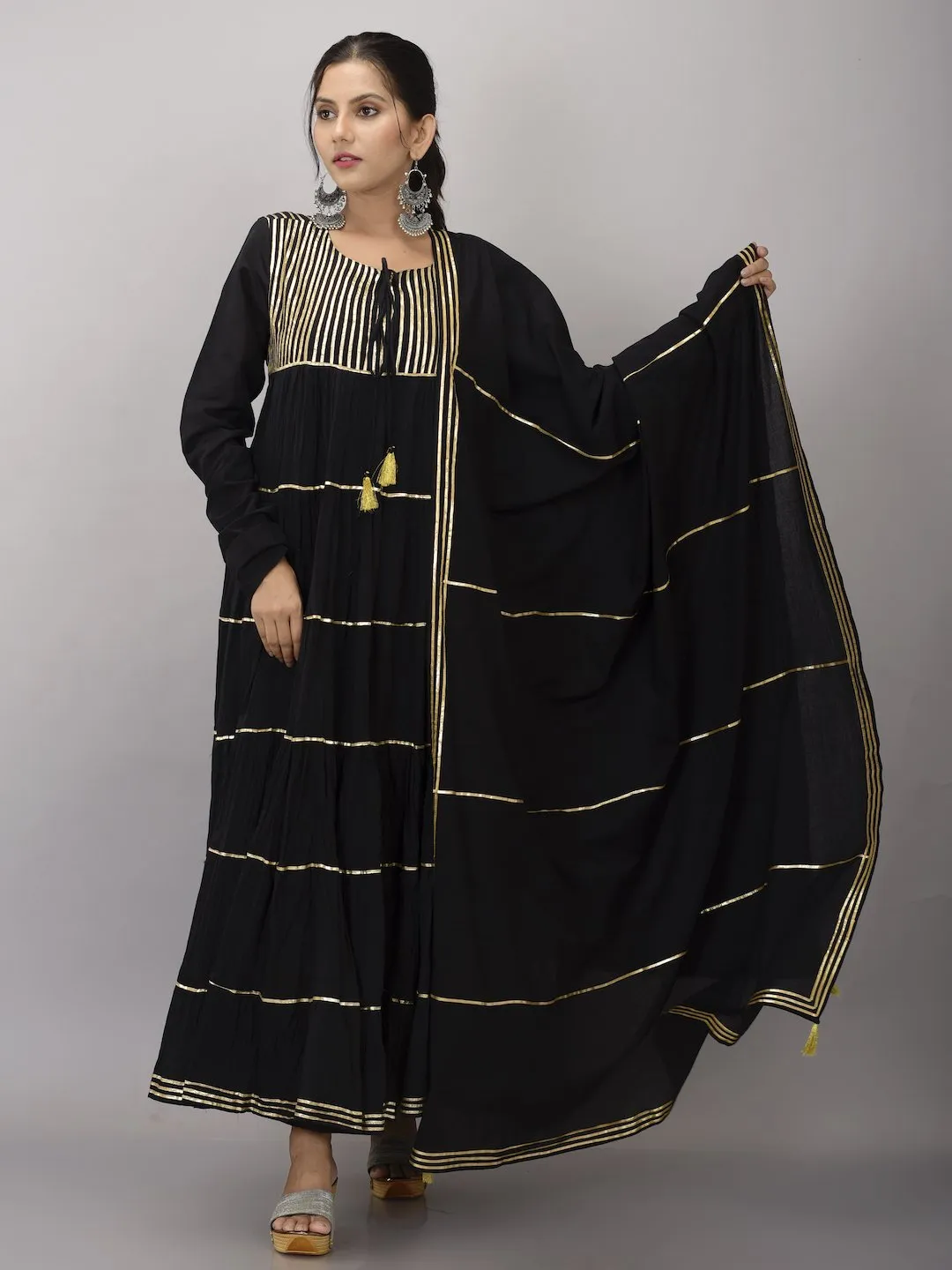 Midnight Black Flared Maxi Dress With Dupatta