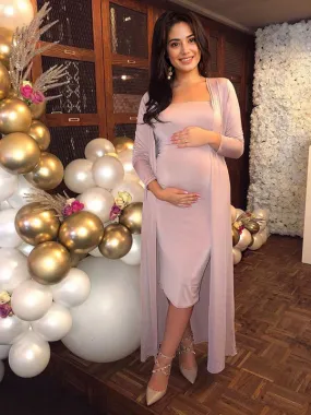 Momyknows Pink Bright Wire Long Sleeve 2-in-1 Glitter Bodycon Party Cute Baby Shower Plus Size Cardigan Set Maternity Midi Dress