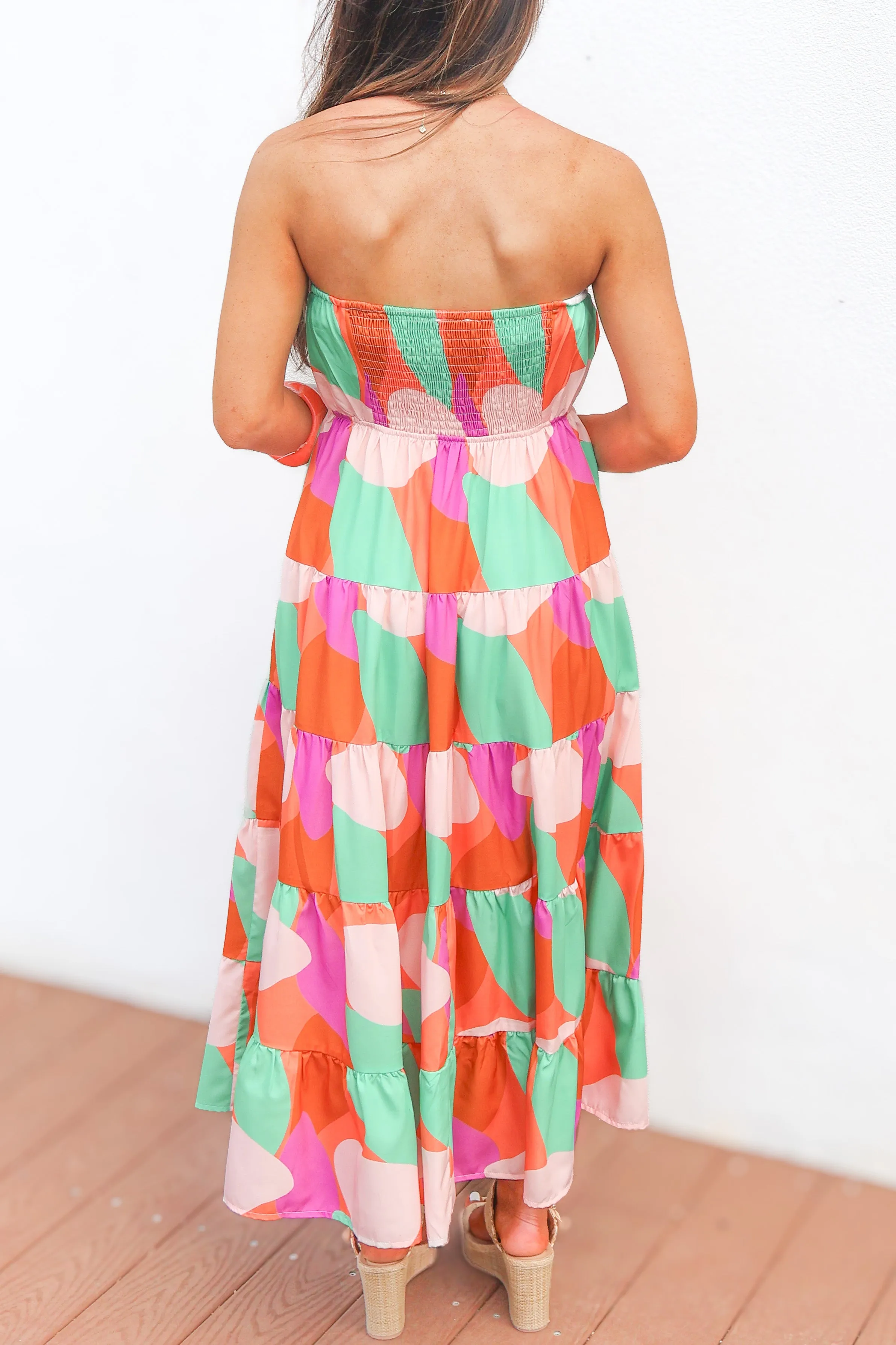 Never Really Over Strapless Tiered Maxi Dress