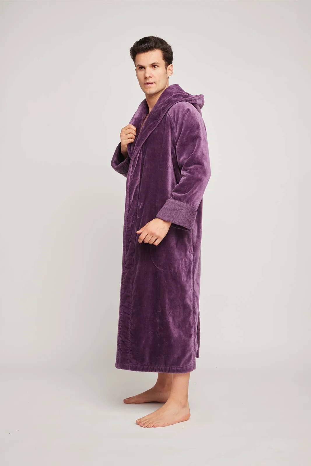 Organic Cotton Hooded Robe In Aubergine