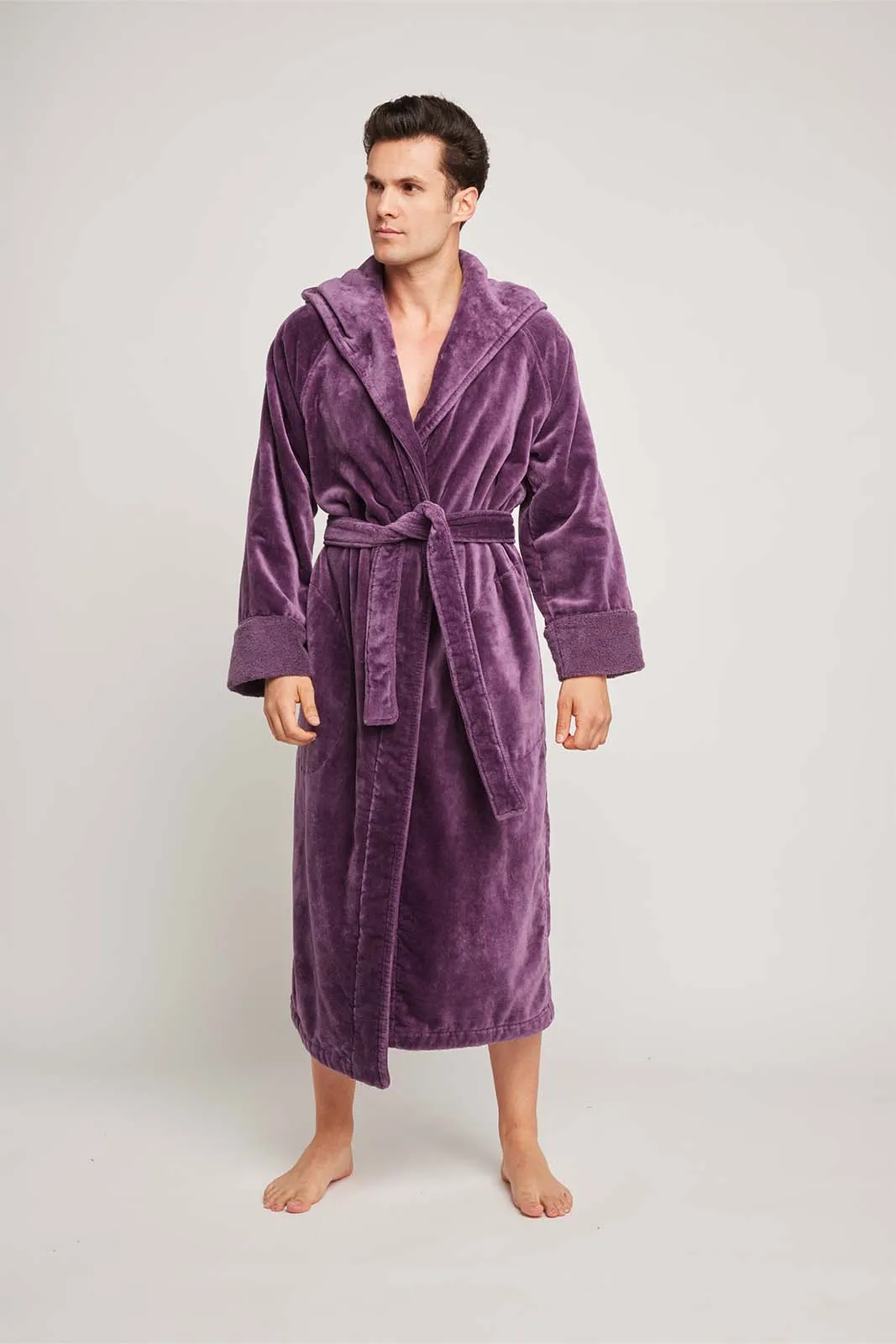Organic Cotton Hooded Robe In Aubergine