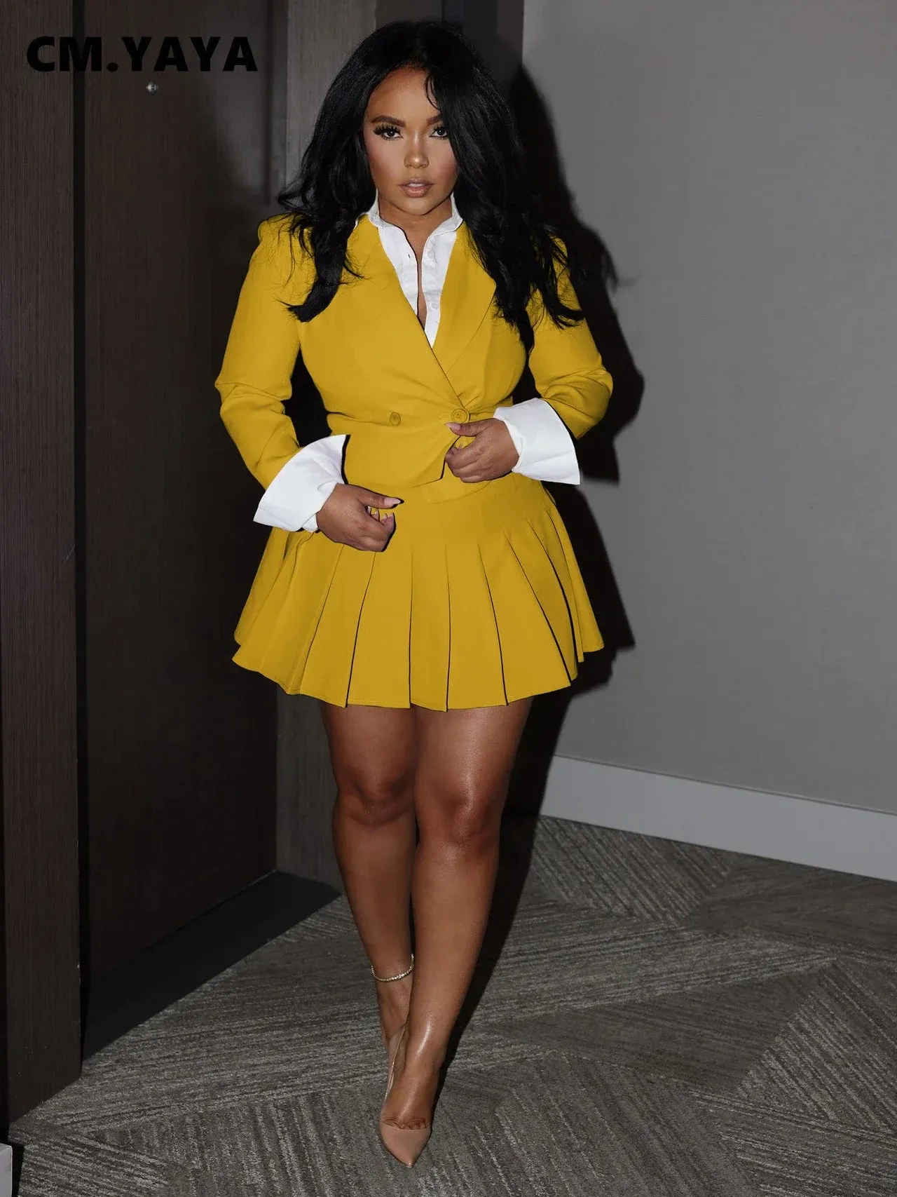 Patchwork  Shirt Blazer & Pleated Mini Skirt Suits