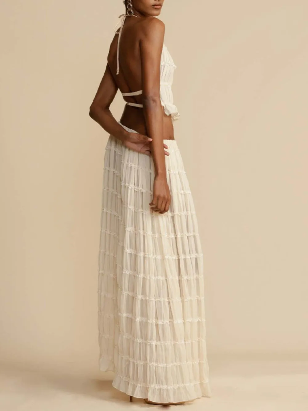 Pleated Drawstring Charm Waist Tiered Maxi Skirt