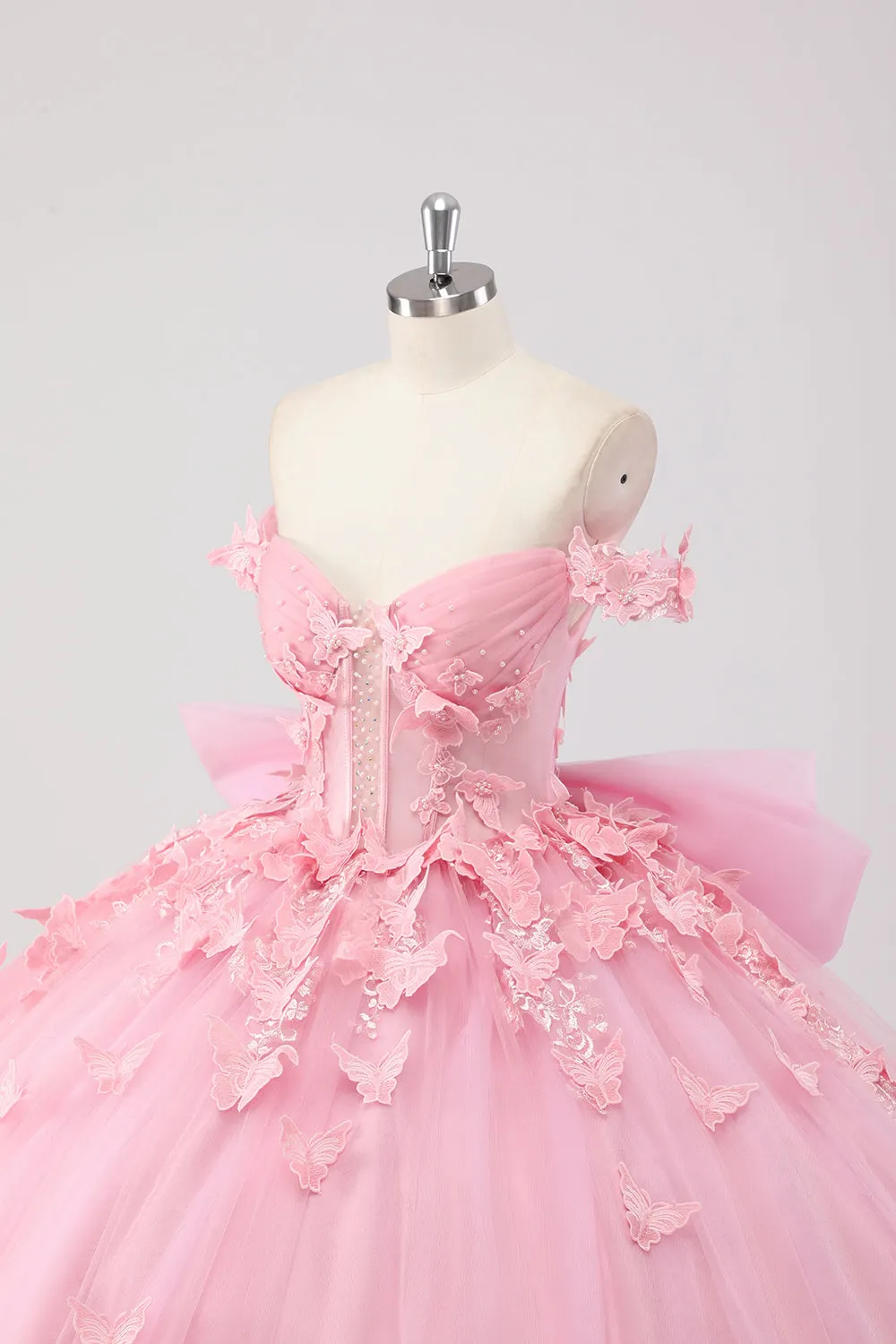 Princess Blush Pink Ball Gown Off the Shoulder Beaded Butterfly Tulle Quinceanera Dress with Bow