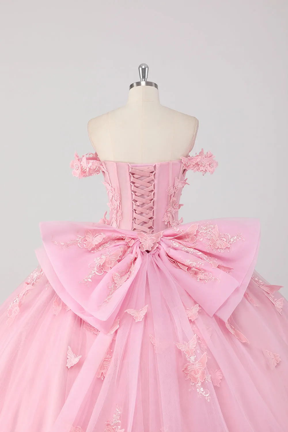 Princess Blush Pink Ball Gown Off the Shoulder Beaded Butterfly Tulle Quinceanera Dress with Bow