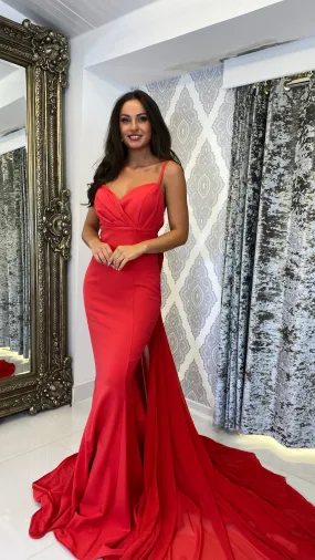 Red Bow Back Chiffon Trail Prom Dress