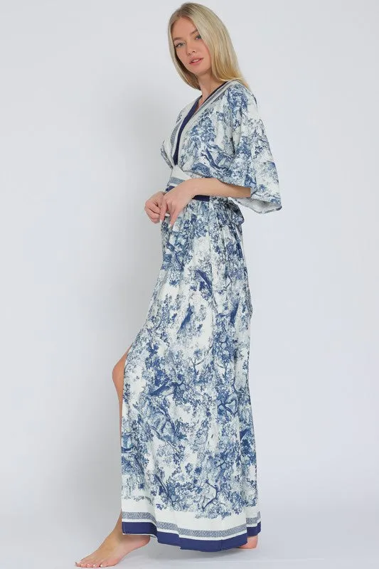 Rhiannon Kimono Sleeve Printed Maxi Dress Navy