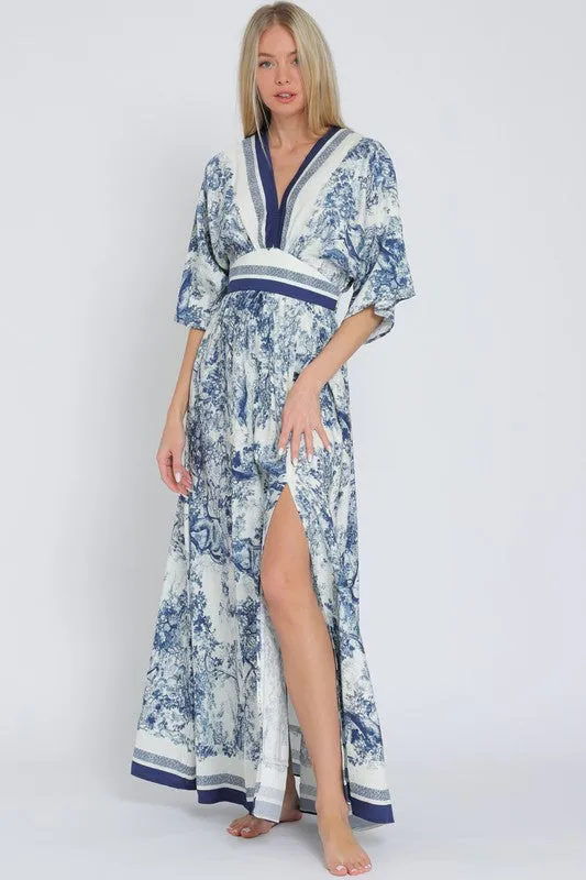 Rhiannon Kimono Sleeve Printed Maxi Dress Navy