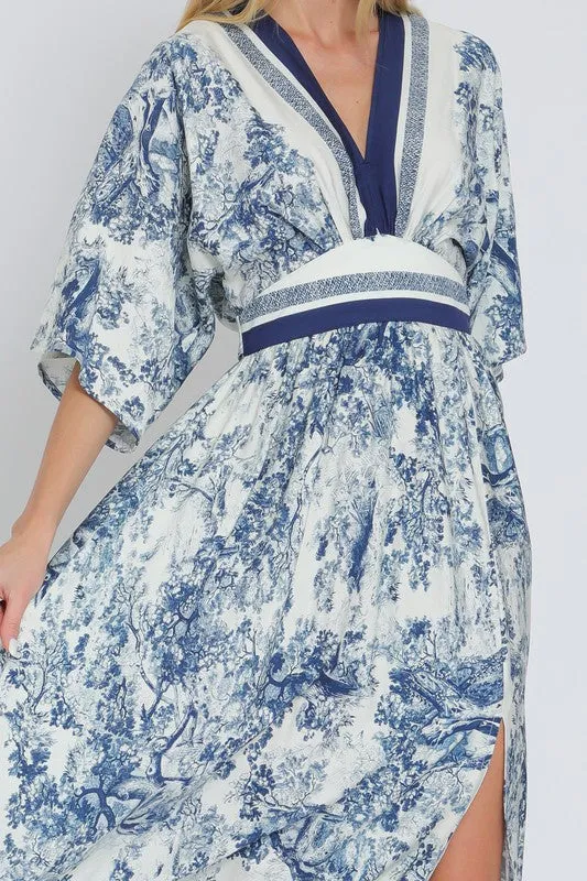 Rhiannon Kimono Sleeve Printed Maxi Dress Navy