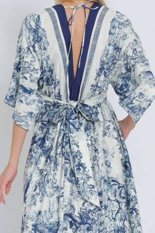 Rhiannon Kimono Sleeve Printed Maxi Dress Navy