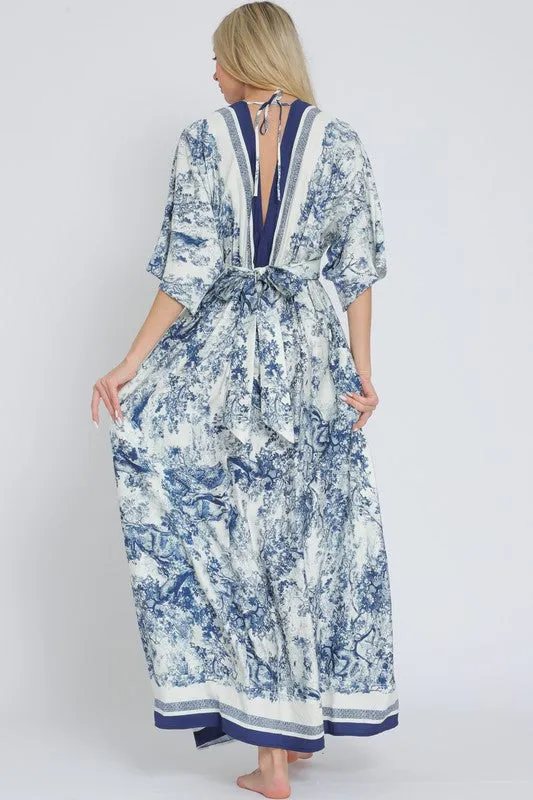 Rhiannon Kimono Sleeve Printed Maxi Dress Navy