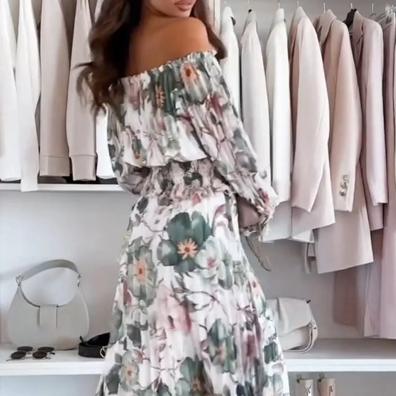 🌸Seasonal dress 50% OFF🌸Floral Print Off-Shoulder Top & Maxi Skirt Two-Piece Set