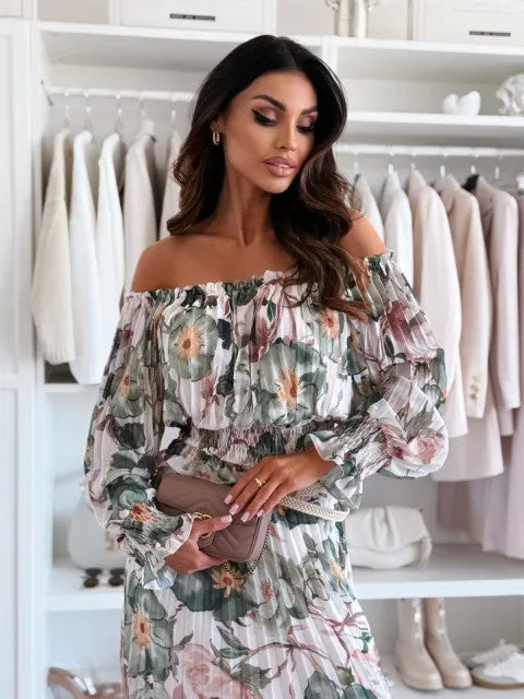 🌸Seasonal dress 50% OFF🌸Floral Print Off-Shoulder Top & Maxi Skirt Two-Piece Set