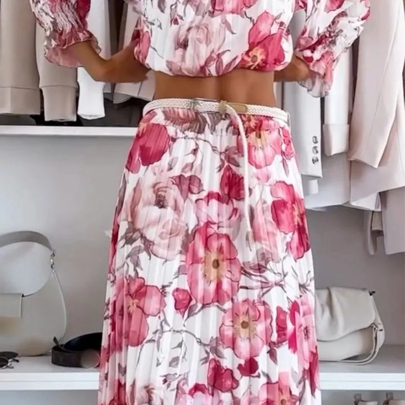 🌸Seasonal dress 50% OFF🌸Floral Print Off-Shoulder Top & Maxi Skirt Two-Piece Set✨