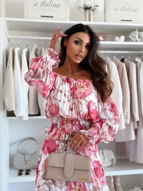 🌸Seasonal dress 50% OFF🌸Floral Print Off-Shoulder Top & Maxi Skirt Two-Piece Set