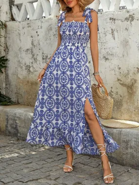 Slit-Hem Smocked-Bodice Square-Neck Tie-Shoulder Maxi Dress