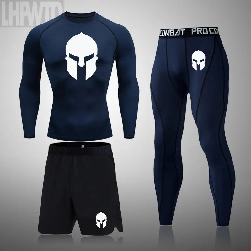 Spartan 3 Piece Gym Set - Compression Rash Guard - Dry Fit Legging - Workout Shorts