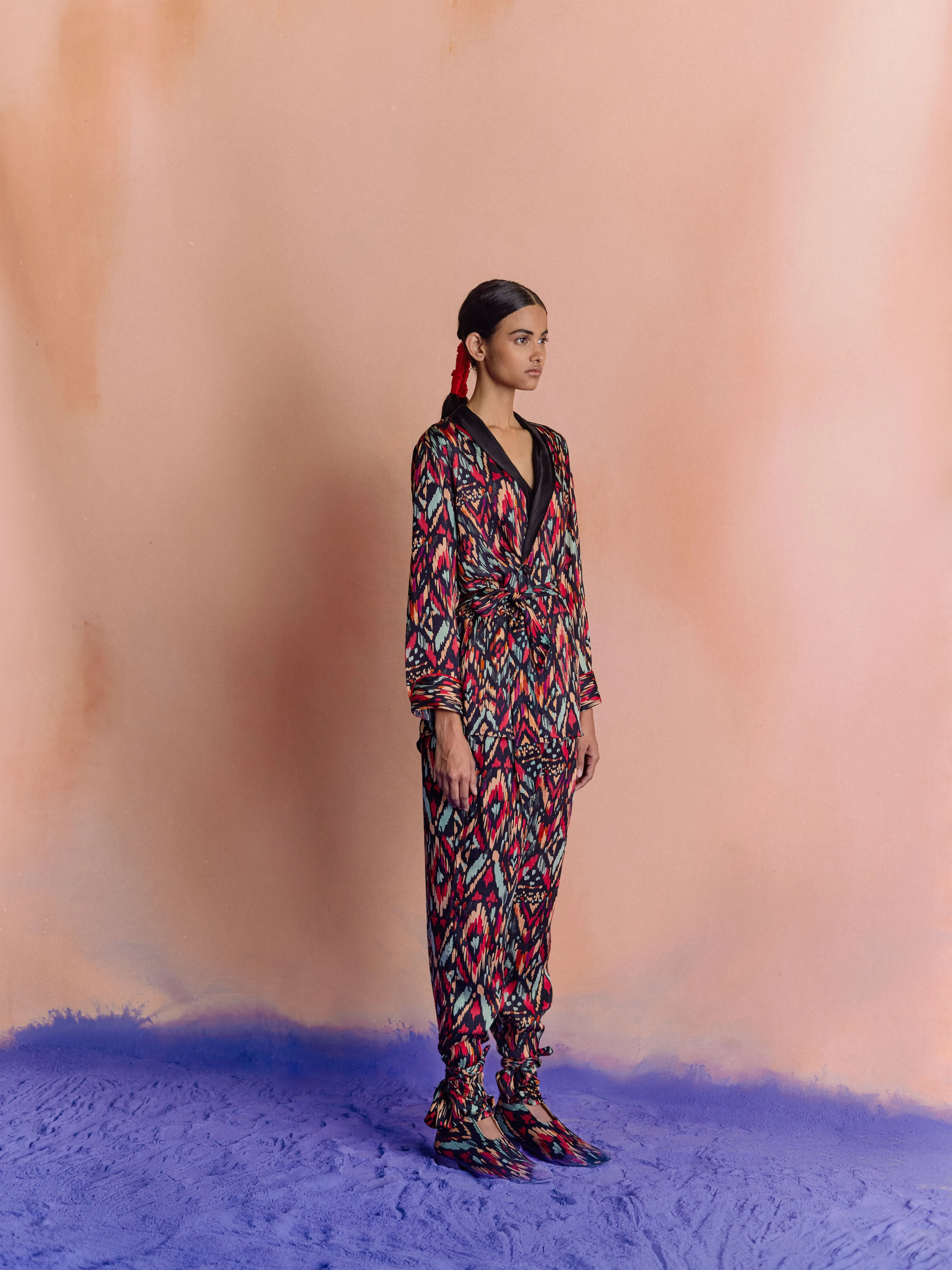 Studio Rigu   I   Womenswear, Western Ikat Blazer Shirt    Trousers Ikat Print On Black Base Srdd030