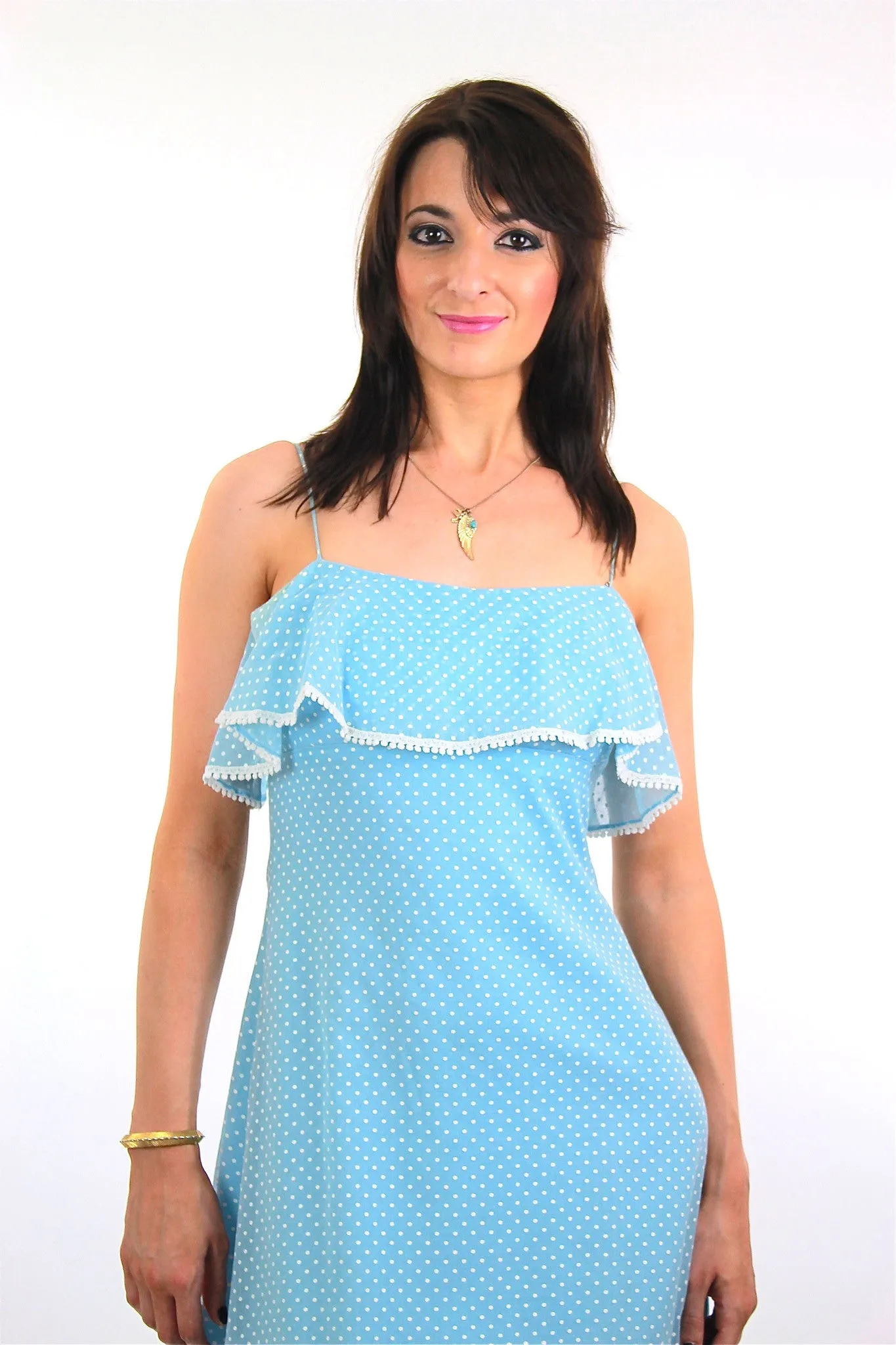 True Authentic Vintage 70s boh blue polkadot dress sheer party maxi
