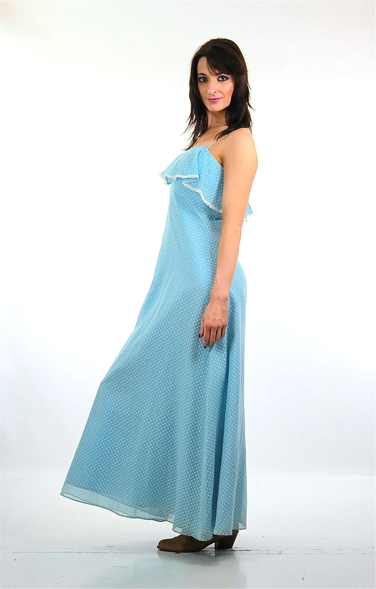 True Authentic Vintage 70s boh blue polkadot dress sheer party maxi