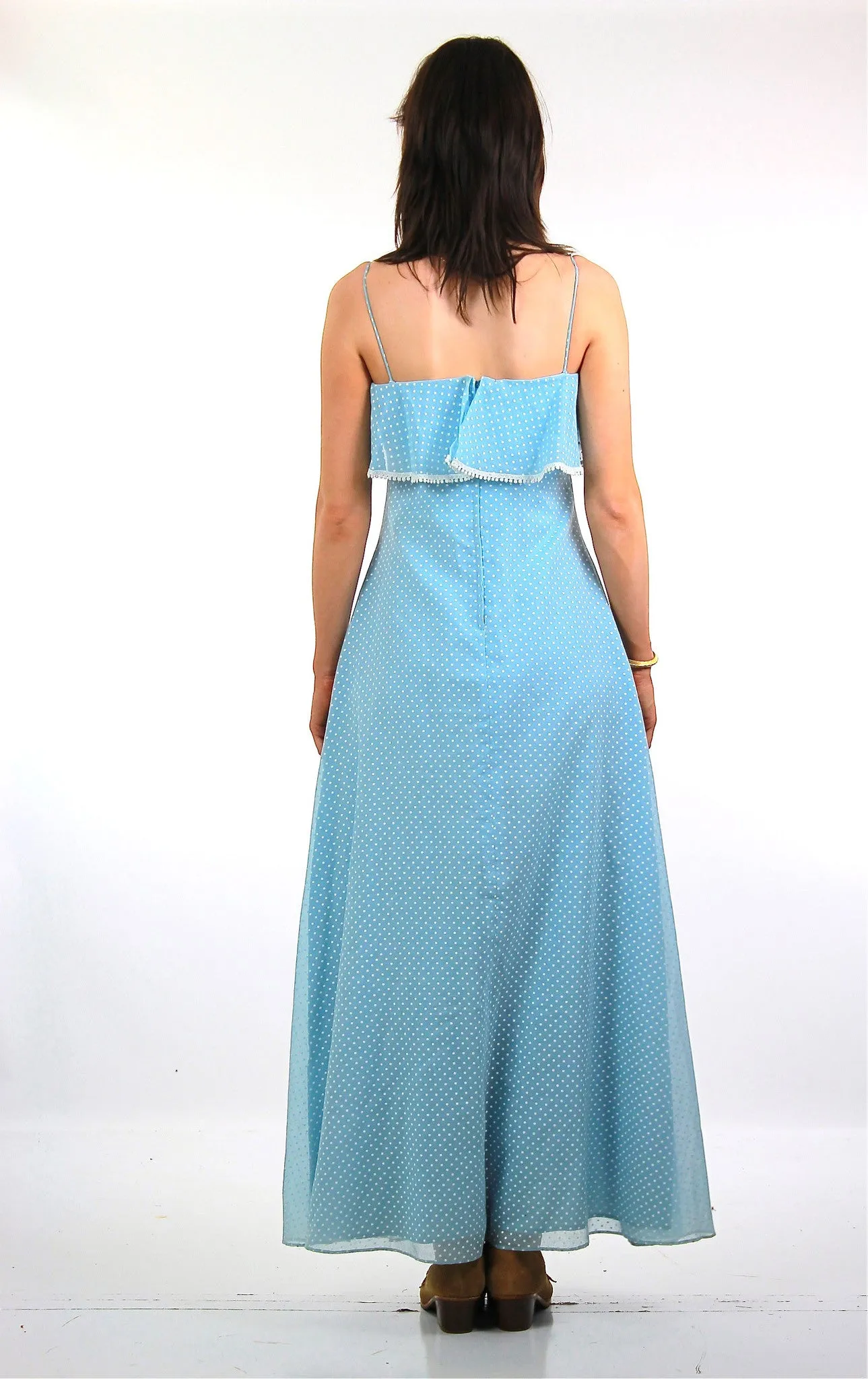 True Authentic Vintage 70s boh blue polkadot dress sheer party maxi