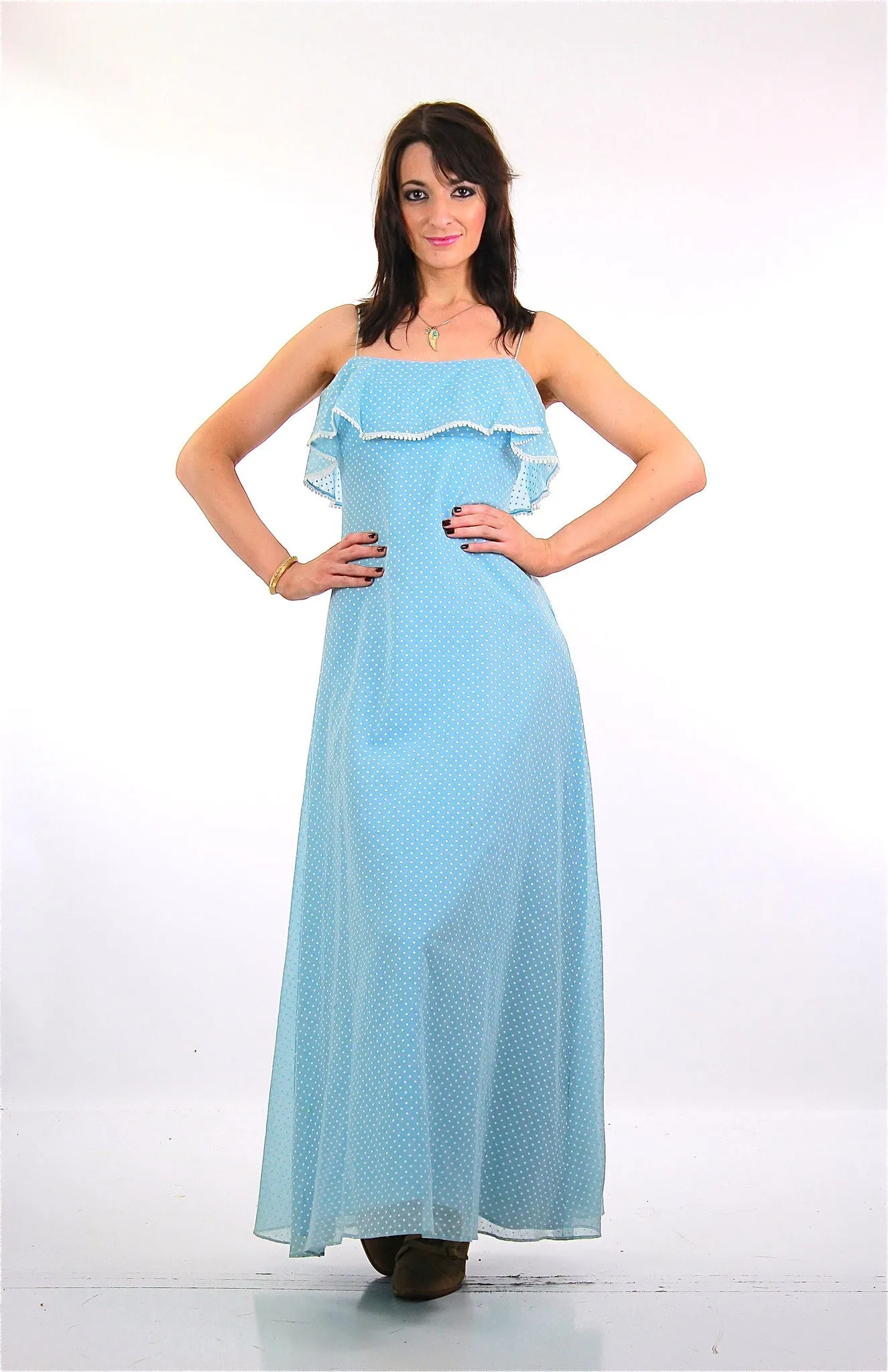True Authentic Vintage 70s boh blue polkadot dress sheer party maxi
